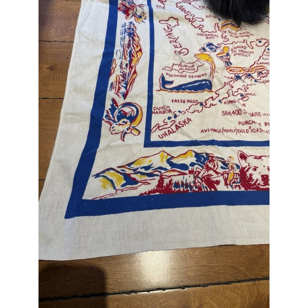 VTG Majestic Alaska Map Souvenir Linen Tablecloth Handkerchief LARGE 44x49 60s